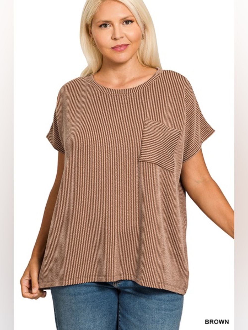 Zenana PLUS RAISED RIB FRONT POCKET BOXY TOP